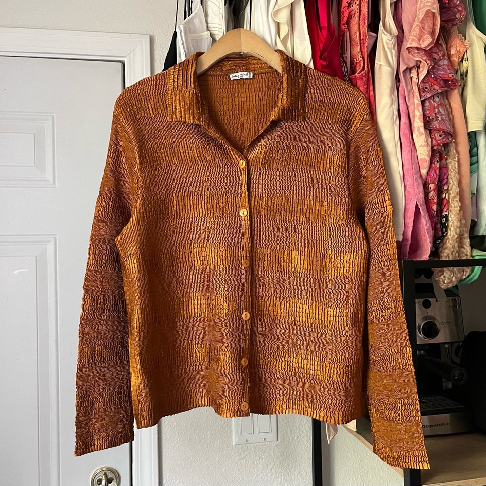 Textured Metallic-Strip Button Down Shirt - Brown/Gold